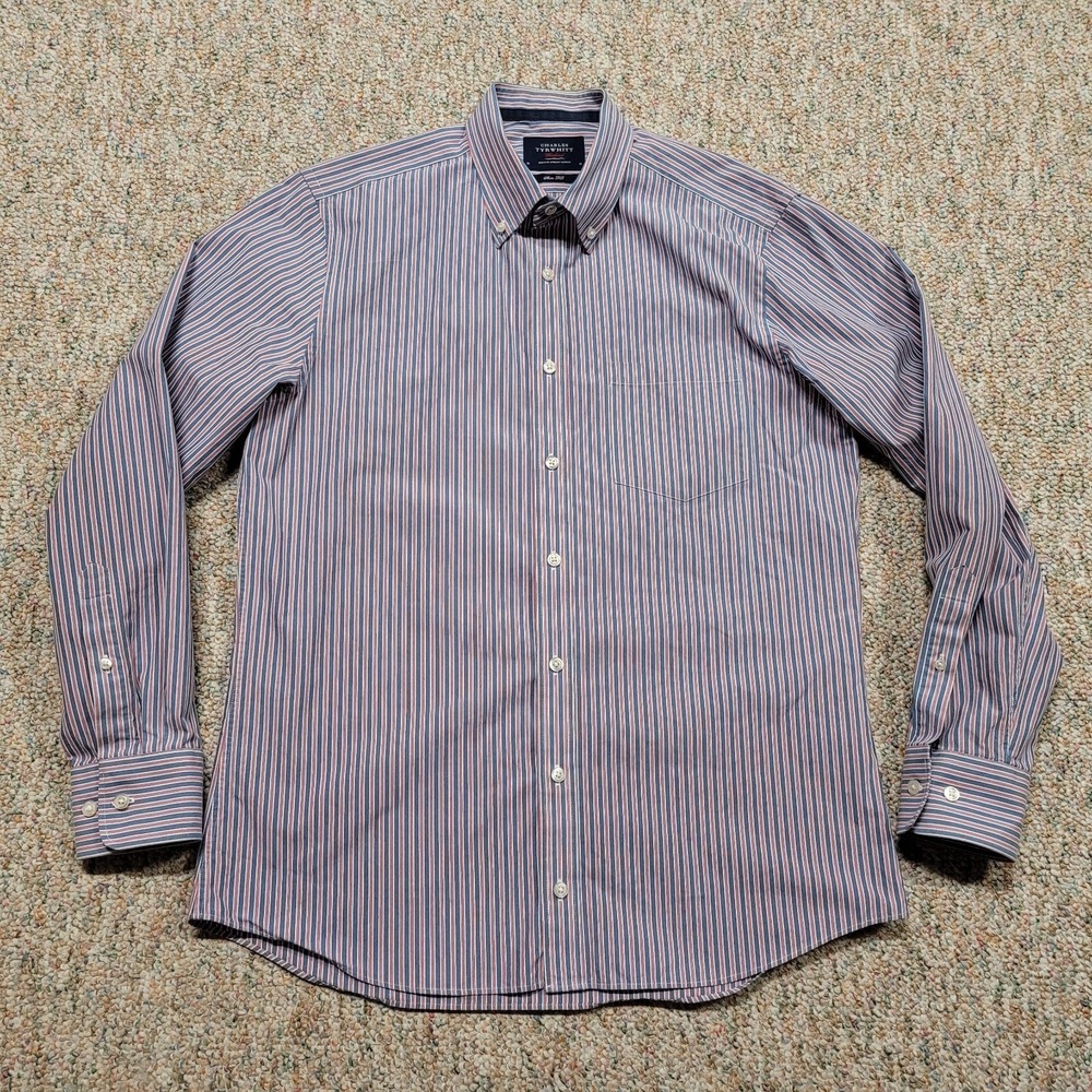 Charles Tyrwhitt Shirt Mens Medium Multi Striped Weekend Non Iron Slim‎ Fit
